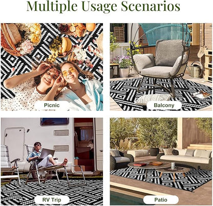 OPPODREAM Outdoor Rug 9x12 Patio Waterproof, Large Outdoor Plastic Straw Rug, Reversible Out Door Carpet for Camping, Deck, Rv, 9 x 12 Area Carpet for Balcony, Porch, Backyard, Black and White