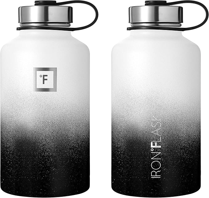 IRON °FLASK Camping & Hiking Hydration Flask, Wide Mouth, 3 Straw Lids, Stainless Steel Outdoor Water Bottle, Double Walled, Insulated Thermos, Metal Canteen - Day & Night, 64 Oz