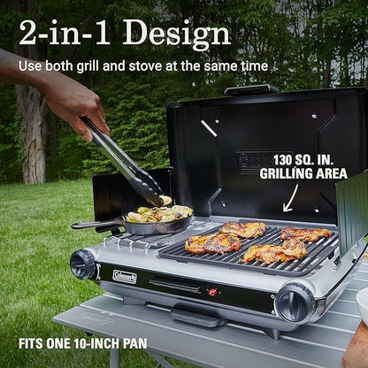 Coleman Tabletop 2-in-1 Grill & Stove with 2 Adjustable Burners, Propane Grill/Stove with Push-Button Starter, Wind Guards, Grease Tray, & 20,000 BTUs of Power for Camping, Tailgating, & More