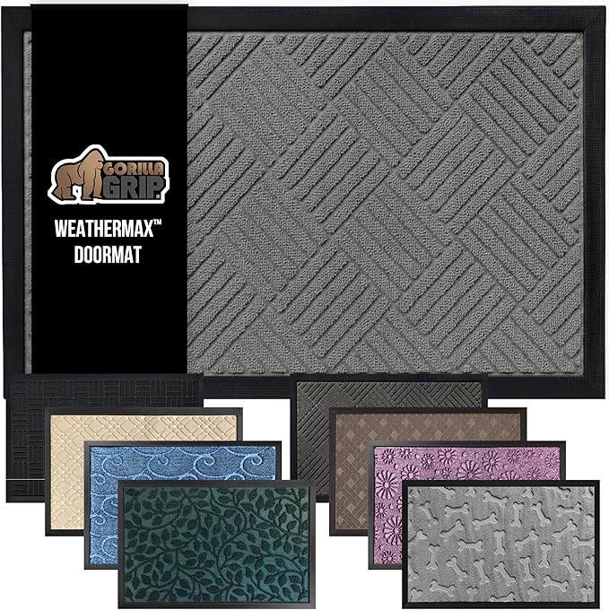 GORILLA GRIP 100% Waterproof All-Season WeatherMax Doormat, Durable Natural Rubber, Stain and Fade Resistant, Low Profile, Indoor Outdoor Door Mats, Easy Clean Patio Entrance Mat, 17x29, Steel Diamond
