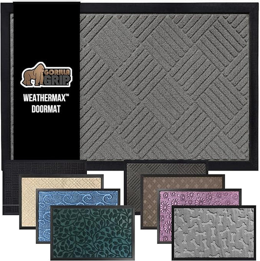 GORILLA GRIP 100% Waterproof All-Season WeatherMax Doormat, Durable Natural Rubber, Stain and Fade Resistant, Low Profile, Indoor Outdoor Door Mats, Easy Clean Patio Entrance Mat, 17x29, Steel Diamond