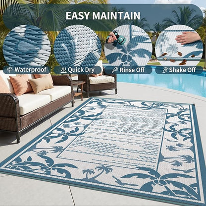 COCOER Outdoor-Rug 8x10 ft Waterproof Reversible Outdoor Plastic Straw Rug RV Indoor Outdoor Carpet Quick Dry Patio Rug Camping Mat for Balcony Backyard Picnic Beach-Blue&White