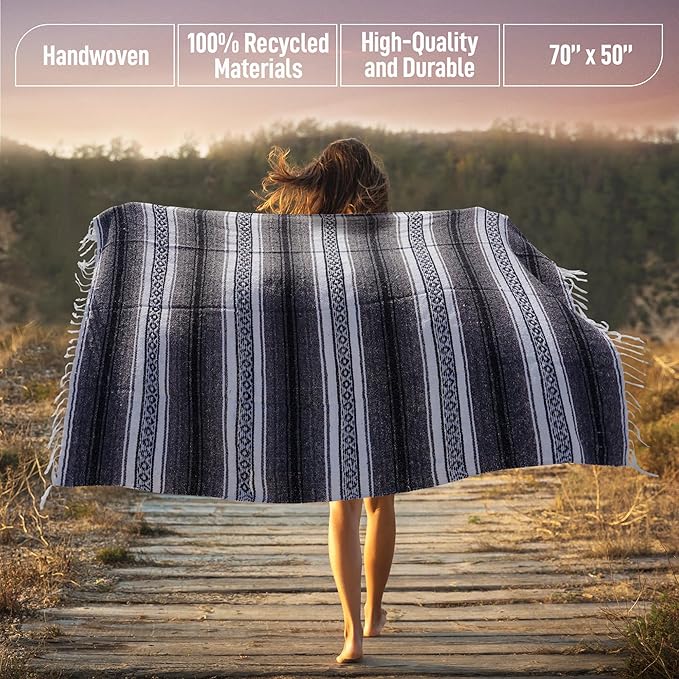 Authentic Extra Large Mexican Blanket (70"x50") - Handwoven Yoga Blanket, Serape Blanket - Artisanal Falsa Blanket, Beach Blanket, Camping Blanket, Picnic Blanket, Outdoor Blanket (Gray)