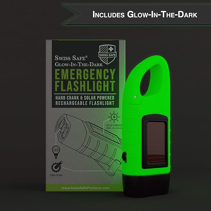 Swiss Safe Rechargeable Flashlight with Solar Power & Hand Crank : High Lumen LED's, Tactical Grip, Mini Keychain Carabiner for EDC & Outdoor Camping (Variety Pack)