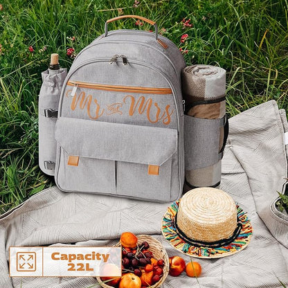 Couple Gifts 22L Picnic Basket Set, Grey Insulated Picnic Backpack for 2, Leak Proof Cooler Camping Gifts, Cool Bridal Shower Gifts Anniversary Engagement Wedding Gifts for Couples, Mr and Mrs Gifts