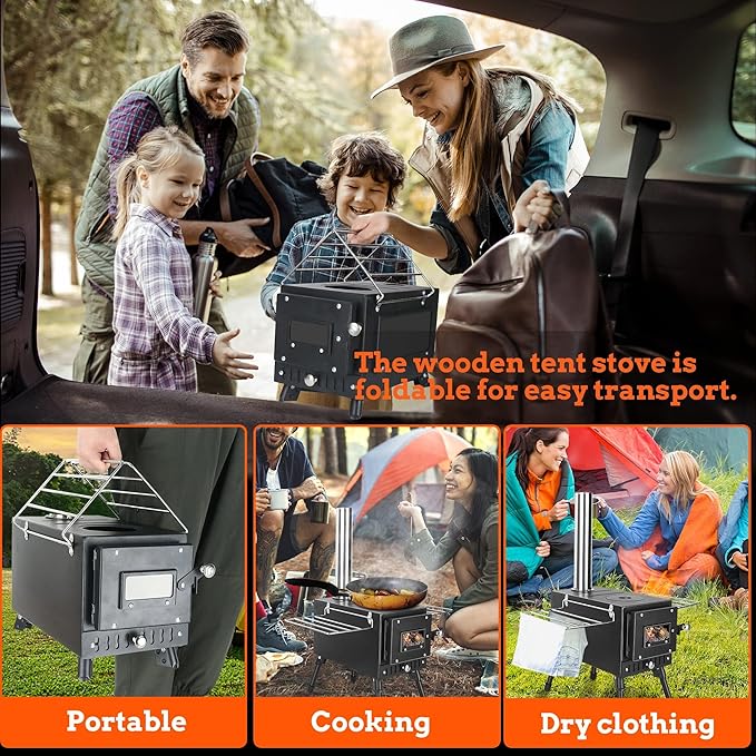 Outdoor Camping Stove, Portable Wood Burning Stove with Chimney Pipe for Tent, Shelter, Heating and Cooking (Pipe Diameter: 2.36")