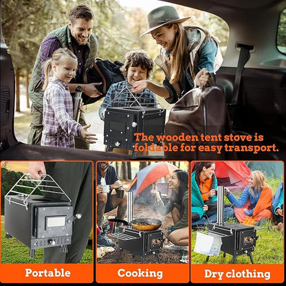 Outdoor Camping Stove, Portable Wood Burning Stove with Chimney Pipe for Tent, Shelter, Heating and Cooking (Pipe Diameter: 2.36")