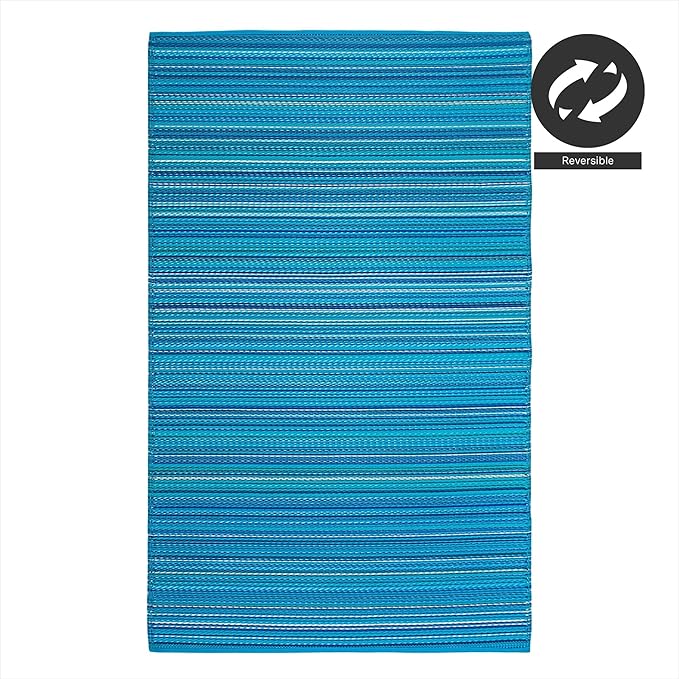 FH Home Outdoor Camping Rug - Waterproof, Fade Resistant, Reversible - Premium Recycled Plastic - Striped - Picnic, Patio, Deck, Sunroom, RV - Havana - Turquoise - 4 x 6 ft Foldable