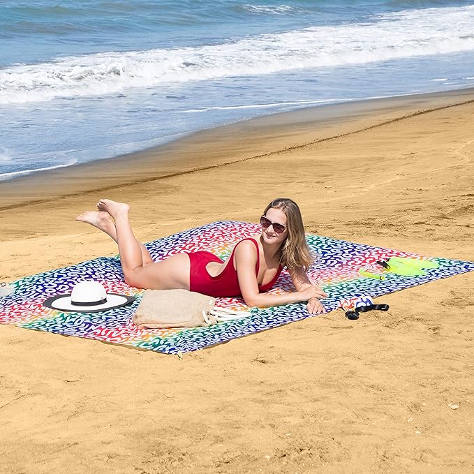 Lightweight Beach Blanket - Oversized 107" x 77" - Waterproof Sandproof - Double Anchored for Fun Leisure Beach Blanket - with Stake and Pouch - Durable Sand Beach Mat