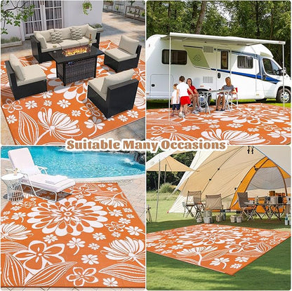 Ileading Outdoor Plastic Straw Rug 9x12ft Funny Floral Style Reversible Patio Area Rugs Waterproof Non Shedding Portable Carpets Large RV Rugs for Outside Deck Pool Beach Picnic Camping (Orange)