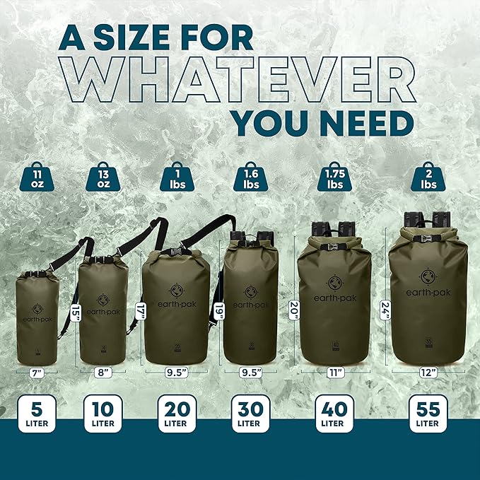 Earth Pak Waterproof Dry Bag - Roll Top Waterproof Backpack Sack (Green 40L & 30L)