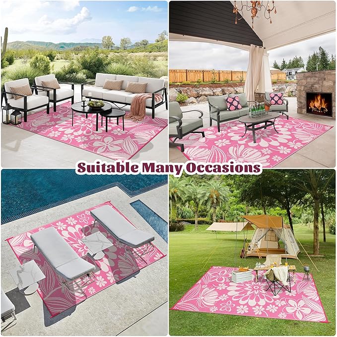 Ileading Outdoor Plastic Straw Rug 6x9ft Funny Floral Style Reversible Patio Area Rugs Waterproof Non Shedding Portable Carpets for Rv Outside Deck Pool Beach Picnic Camping (Pink)