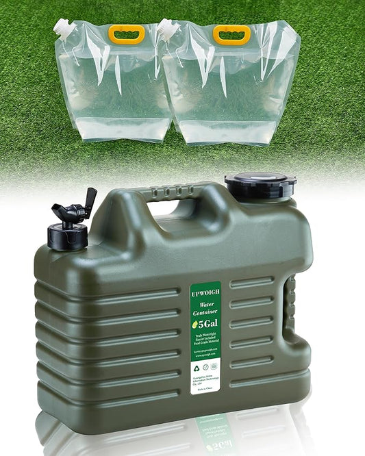 5 Gallon Water Jug and 2.6Gal Collapsible Water Bag Set of 2,Thickened Water Storage Overlanding Gear Containers, Camping Essential Leak-Proof Green Portable Water Tank,BPA Free Outdoors Hiking
