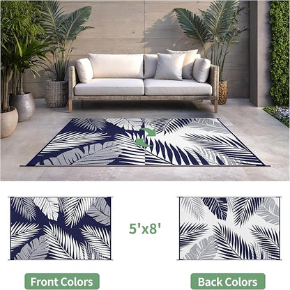 Outdoor Rug 5' x 8' for Patio Waterproof Clearance, Reversible Indoor Outdoor Plastic Straw Camping Rug Carpet, RV Mat, Large Area Rug for Deck, Backyard, Balcony, Porch, Navy Blue and White