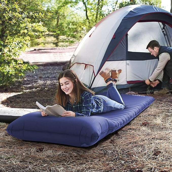 TOBTOS Inflatable Sleeping Pad for Camping with Pillow, 4" Thick Camping Mat with Built-in Foot Pump, Compact Air Mattress for Camping, Hiking, Backpacking (Blue)
