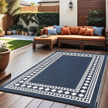RURALITY Outdoor Rugs 5x8 Waterproof for Patios Clearance,Plastic Straw Mats for Backyard,Porch,Deck,Balcony,Black and Beige