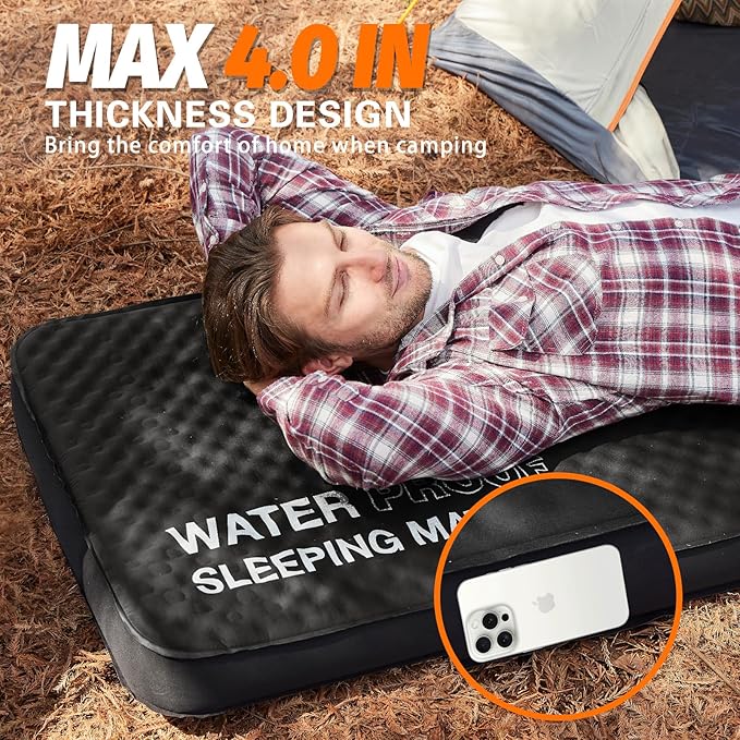Self Inflating Sleeping Pad, 4in Ultra-Thick Foam Camping Mattress with Air Pump Sack Small Single Size, Sleeping Mats for Adults Inflatable Camping Pad, Single Bed, Travel, Car, Tent, Home, Black7