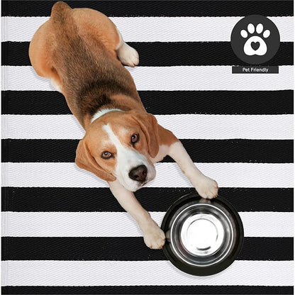 FH Home Outdoor Camping Rug - Waterproof, Fade Resistant, Reversible - Premium Recycled Plastic - Striped - Large Patio, Deck, Sunroom, RV - Brittany Stripe - Black & White - 9 x 12 ft Foldable