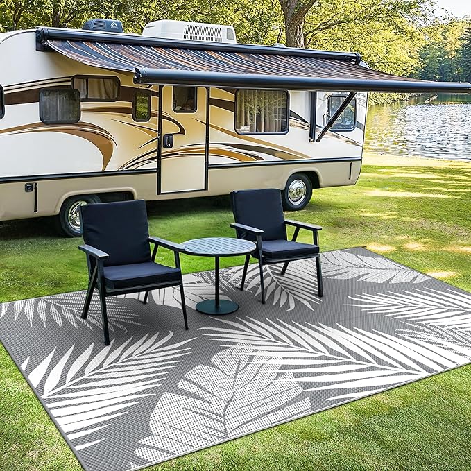 Outdoor Rug 9' x 12' for Patio Waterproof Clearance, Reversible Indoor Outdoor Plastic Straw Camping Rug Carpet, RV Mat, Large Area Rug for Deck, Backyard, Balcony, Porch, Beach,Grey and White
