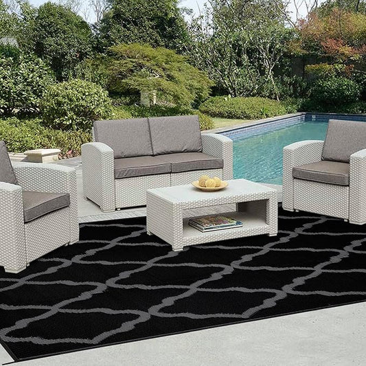Easy-Going Reversible Outdoor Rugs 9x12ft Waterproof Plastic Straw Rug Stain & UV Resistant Floor Mat for Patio Porch RV Backyard Pool Deck Picnic Beach Trailer Camping (Moroccan Black & Grey)