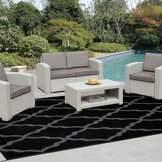 Easy-Going Reversible Outdoor Rugs 6x9ft Waterproof Plastic Straw Rug Stain & UV Resistant Floor Mat for Patio Porch RV Backyard Pool Deck Picnic Beach Trailer Camping (Moroccan Black & Grey)