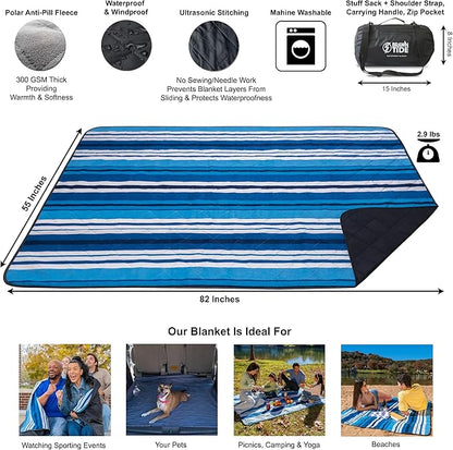 BRAWNTIDE Large Outdoor Waterproof Blanket - Quilted, Extra Thick Fleece, Warm, Windproof, Sandproof, Includes Stuff Sack, Shoulder Strap, Ideal for Beaches, Picnics, Camping, Stadiums, Dogs, Car