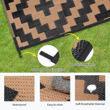 Outdoor Patio Plastic Straw Rug - 4'x6' Outdoor Camping Rug Waterproof Reversible, Area Carpet Patios Clearance RV, Outside Porch Balcony Deck for Camper, Black & Brown