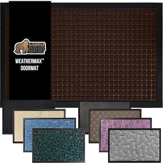 GORILLA GRIP 100% Waterproof All-Season WeatherMax Doormat, 47x35, Durable Natural Rubber, Stain and Fade Resistant, Low Profile, Indoor Outdoor Door Mats, Easy Clean Patio Entry Mat, Coffee Squares