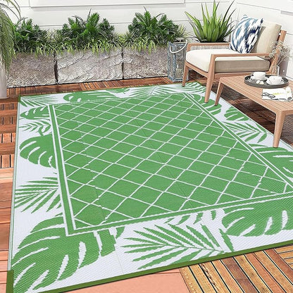 Ileading Outdoor Rug Carpet for Patio 5' x7' Waterproof Reversible Plastic Straw Rug Portable Outside Area Rug Camping Mat for Patio, Clearance, Balcony, Picnic, Pool, Beach, RV, Deck, Leaf Green