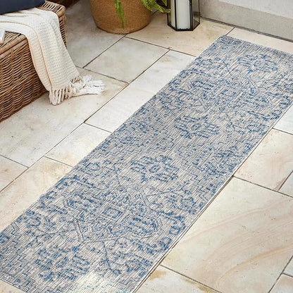 JONATHAN Y SMB105B-28 Estrella Bohemian Medallion Textured Weave Indoor Outdoor Runner Rug Coastal Bohemian Rustic Glam Easy Cleaning Bedroom Kitchen Backyard Patio Non Shedding, 2 X 8, Navy/Gray