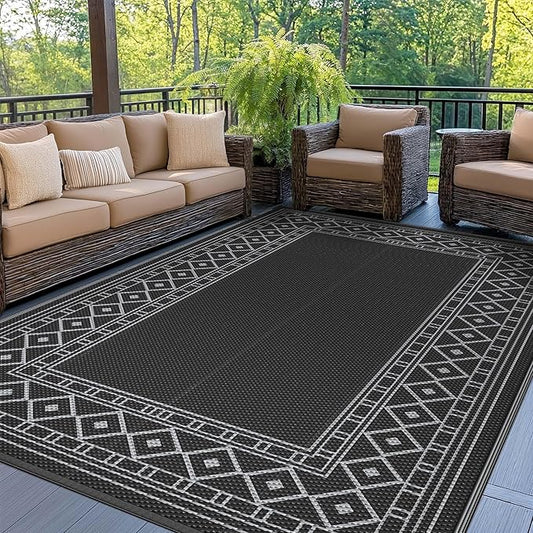 GENIMO Outdoor Rug Waterproof 6'x9' for Patio, Foldable Reversible Plastic Straw Carpet for Travel Trailers, Outside Area Mat for Rv, Deck, Picnic, Porch, Camper, Balcony, Beach, Black & Grey