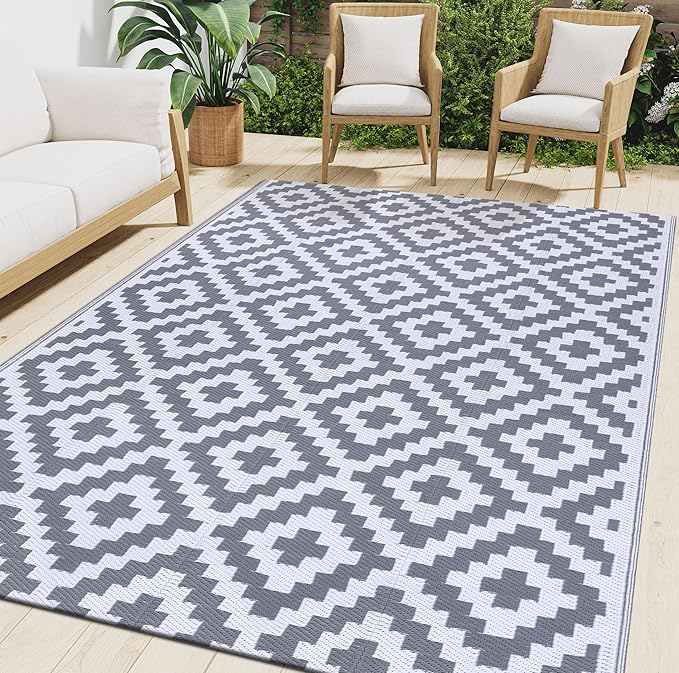 Smiry Waterproof Outdoor Rug 9x12 ft, Reversible Plastic Straw Patio Camping Rugs, Outdoor Indoor RV Mat Carpet for Patio, Outside Entry, Backyard, Deck, Bench, Picnic, Camper, White & Grey