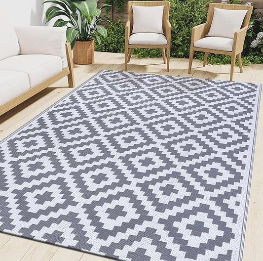Smiry Waterproof Outdoor Rug 9x12 ft, Reversible Plastic Straw Patio Camping Rugs, Outdoor Indoor RV Mat Carpet for Patio, Outside Entry, Backyard, Deck, Bench, Picnic, Camper, White & Grey