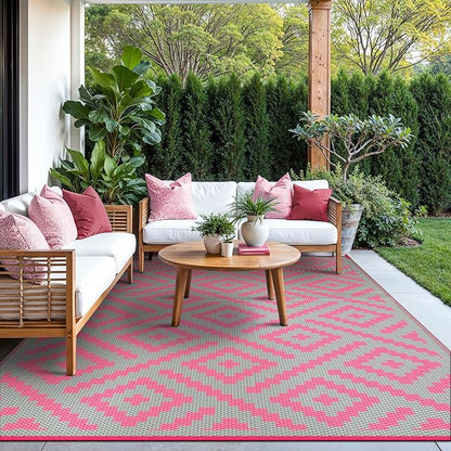 GENIMO Outdoor Rug for Patio Clearance, 6'x9' Reversible Plastic Straw Rugs, Lightweight Waterproof RV Camping Mat for Camper, Balcony, Deck, Backyard, Picnic, Pink & Grey
