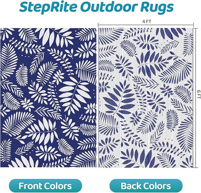 StepRite Outdoor Rug, Patio Rug, Plastic Straw Camping Rugs, Large Waterproof Area Rug and Mat for Outdoors, RV, Patio, Backyard, Deck, Porch, Beach, Balcony, (4'x 6', White & Blue)