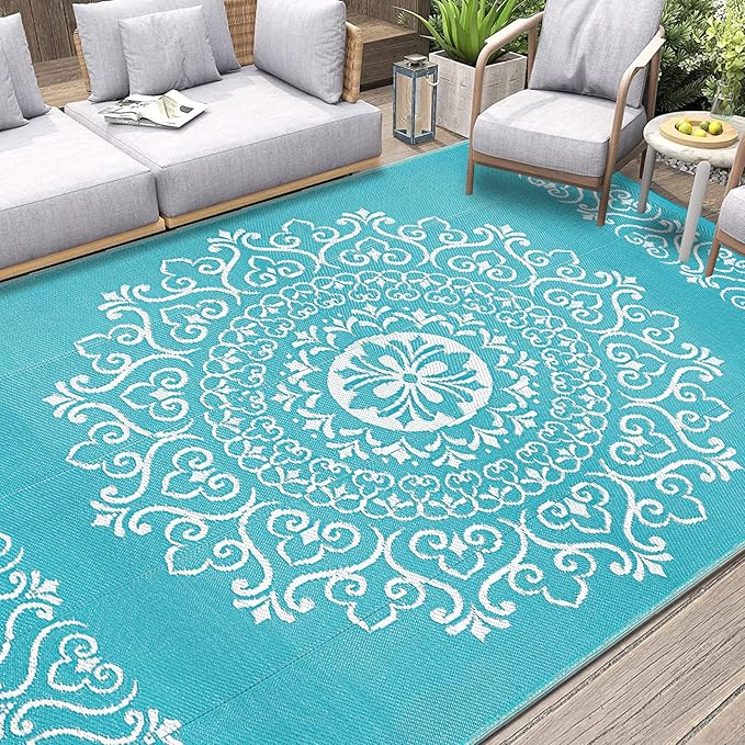Pauwer Waterproof Outdoor Rug 6x9, Reversible Plastic Straw Patio Camping Rug, Indoor Outdoor RV Mat Carpet for Deck, Camper, Porch, Balcony, Backyard, Picnic, Floral Teal
