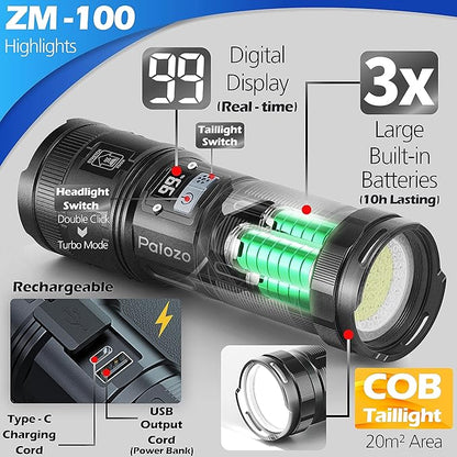 3500-Lumen 'Turbo Mode' & Dual Light Pro-Flashlight with Digital Display Ultra Bright Zoomable Tactical Rechargeable High Powered LED Handheld Flashlight High lumen for Camping, Hiking