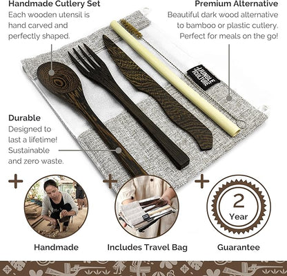 Jungle Culture® Premium Wooden Travel Utensils • Knife, Fork, Spoon, Straw, Case • Eco Friendly Alternative to Bamboo Cutlery • Coconut Bowls Zero Waste Reusable Flatware • Portable Camping Picnic Set