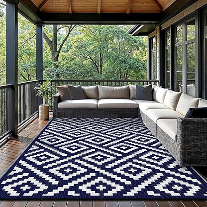 GENIMO Outdoor Rugs 8x10 Waterproof, Reversible Mats, Area Plastic Straw Rug, Outside Carpet, Geometric Rv Mat for Patio Camping Rv Picnic Backyard Deck Balcony Porch Beach Trailer (Navy Blue & White)