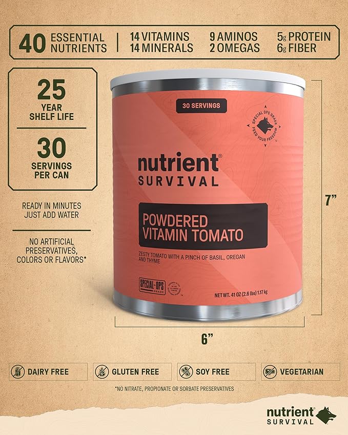 Nutrient Survival Tomato Powder, Powdered Vitamin Tomato (30 Servings) Emergency Food Supply & Camping Supplies for Soups, Sauces, Meatloaf, 40 Nutrients, Shelf Stable up to 25 Years, One Can