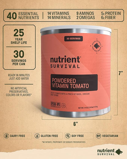 Nutrient Survival Tomato Powder, Powdered Vitamin Tomato (30 Servings) Emergency Food Supply & Camping Supplies for Soups, Sauces, Meatloaf, 40 Nutrients, Shelf Stable up to 25 Years, One Can