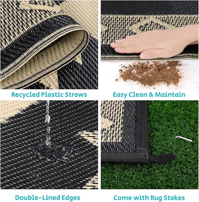 HEBE Outdoor Rug 6'x9' Waterproof for Patios Clearance, Reversible Plastic Straw Rug Camping Carpet, Indoor Outdoor Area Rugs Patio Mats for RV,Picnic,Backyard,Deck,Balcony,Porch