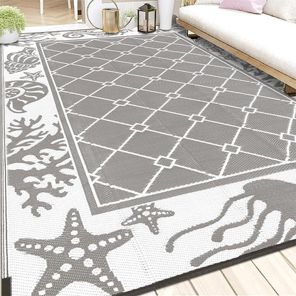 Vaukki Reversible Rugs, Plastic Straw Outdoor Doormat, Fade Resistant Plastic Outdoor Patio Mat, Lightweight Ocean Area Carpet for Patio, RV, Camping, Beach, Deck, Backyard and Picnic (Grey, 6'x9')