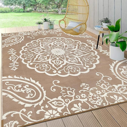 Pauwer Waterproof Outdoor Rug 8x10, Reversible Plastic Straw Patio Camping Rug, Indoor Outdoor RV Mat Carpet for Deck, Camper, Porch, Balcony, Backyard, Picnic, Boho Brown