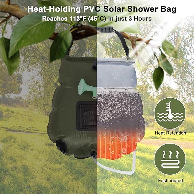 Solar Shower Bag 5 Gallon,Portable Green Camping Shower Bag, 1 Pack Camping Shower Kit with Hose, On-Off Switchable Head for Beach, Swimming, Travel, Hiking