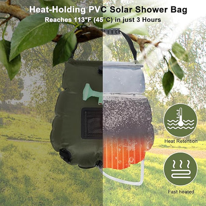 Solar Shower Bag 5 Gallon,Portable Green Camping Shower Bag, 1 Pack Camping Shower Kit with Hose, On-Off Switchable Head for Beach, Swimming, Travel, Hiking