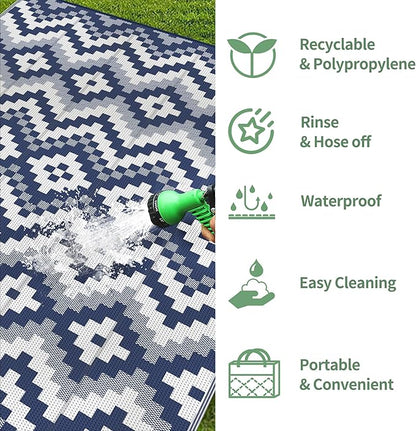 GENIMO Outdoor Rug Waterproof 6x9 ft, Lightweight Plastic Straw Rugs, Outside Reversible Area Mat Carpet for Patio, Camping, RV, Deck, Balcony, Porch, Backyard, Blue & White