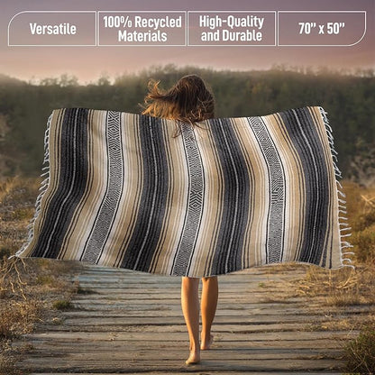 Authentic Large Handwoven Mexican Blanket - Soft Yoga Blanket - Durable Serape Blanket - Lightweight Falsa Blanket, Beach Blanket, Camping Blanket, Picnic Blanket, Outdoor Blanket 70"x50" - Sand