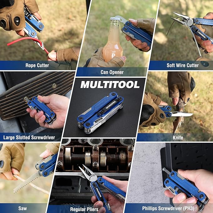WORKPRO 18-in-1 Multi Tool Pliers, Stainless Steel EDC Multitool with Pocket Knife, 2 Safety Locks, Belt Clip and Oxford Pouch, Multipurpose Utility Multiuse Tool for Camping Outdoor Activities