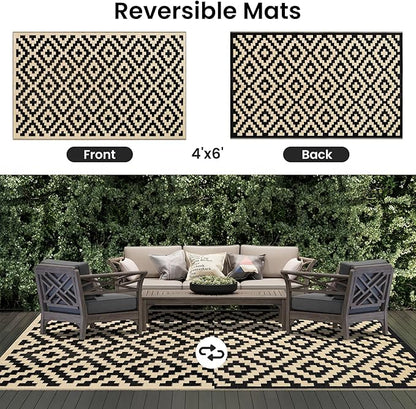 Smiry Waterproof Outdoor Rug 4x6 ft, Reversible Plastic Straw Patio Camping Rugs, Outdoor Indoor RV Mat Carpet for Patio, Outside Entry, Backyard, Deck, Bench, Picnic, Camper, Black & Beige